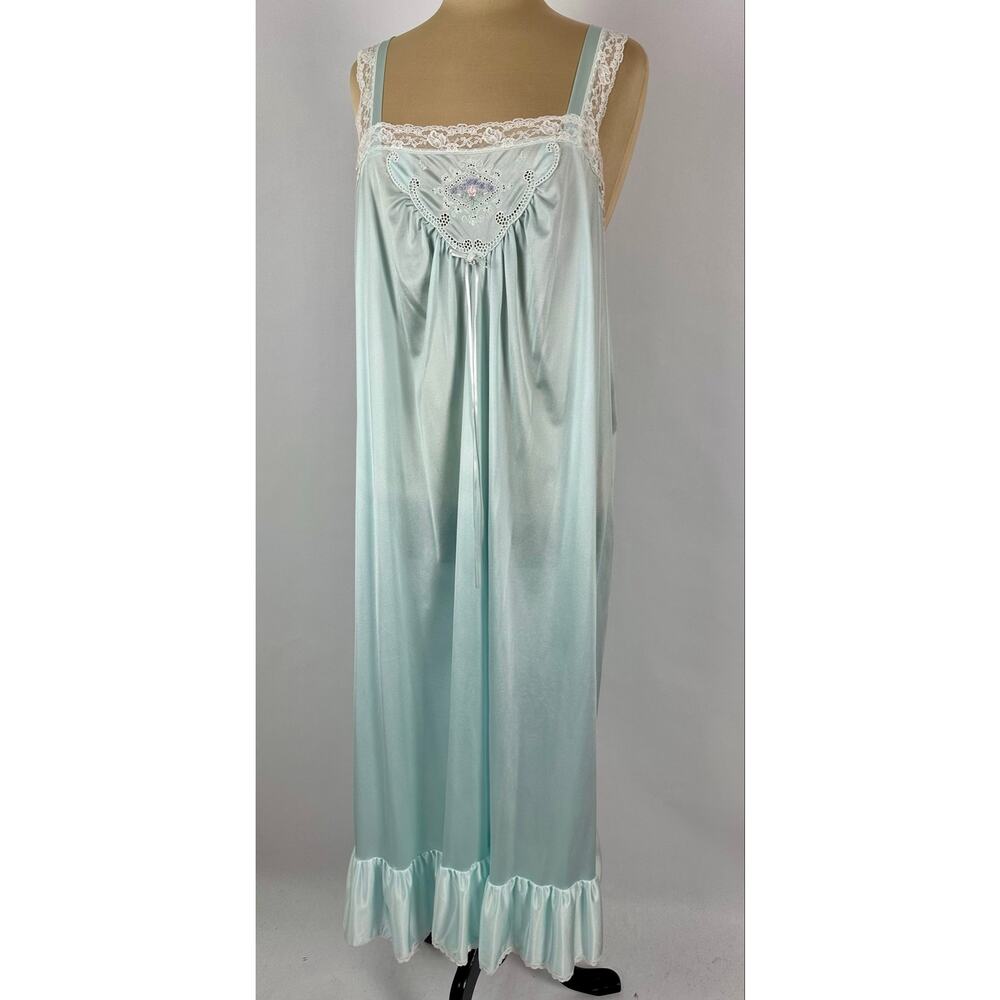 Vintage Lorraine Peignoir Nightgown Robe 2pc Set Blue Embroidered Floral 3XL USA